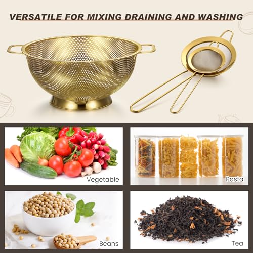 Sawysine 5 Pcs Gold Kitchen Appliances Includes 5 Quart Gold Colander and 2 Pcs Strainer Set, Lemon Squeezer, Stainless Steel 4 Sides Grater Slicer with Handle for Kitchen by Sawysine - Used condition - Image 4