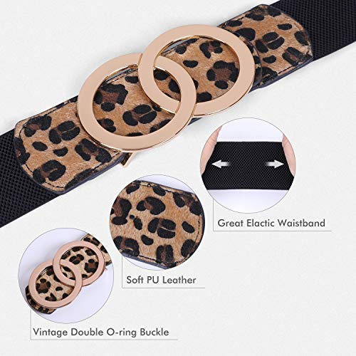 Jasgood Women Stretchy Wide Waist Belts For Halloween , Ladies Elastic Belt For Dresses With Double Ring Buckle,Suit For Waist Size 28-32 Inches,Leopard #TOP19
