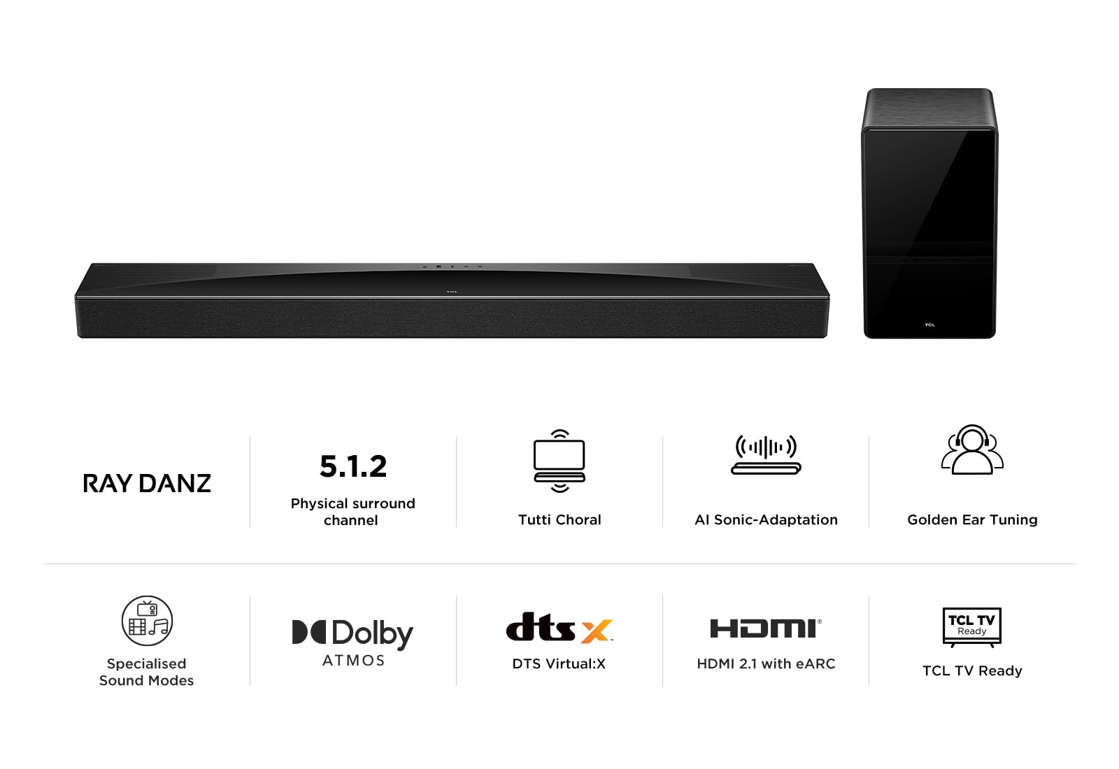 Barre de son TCL Q75H 5.1.2 ch pour TV, 620 Watts, Home cinéma, Surround cinéma, Expansion sonore, Dolby Atmos, DTS:X, HDMI eARC, Bluetooth 5.1, une télécommande, USB, Optique, Montage mural possible