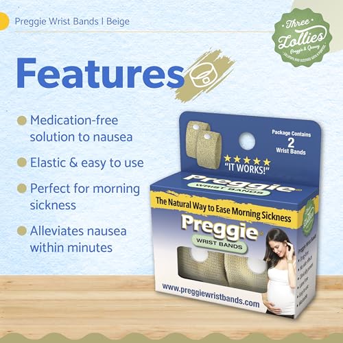 Image of Three Lollies Preggie Anti-Nausea Wristbands for Pregnancy, Acupressure Wristbands for Morning Sickness Support, Drug-Free for Travel & Motion Discomfort, Reusable, 1 Count, 2 Wristbands, Beige