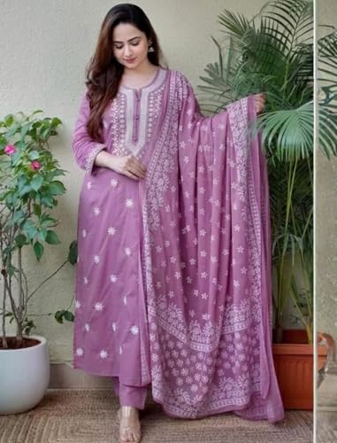 Image of BHARVITA Women's Cotton Embroidered Chikankari Work Straight Kurta Dupatta Pant Set