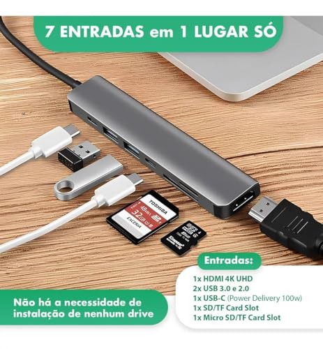 Adaptador Hub USB-C 7 em 1 com Saída HDMI 4K a 60Hz, 7 Portas, USB 3.0, Leitor de Cartão SD, Carrega