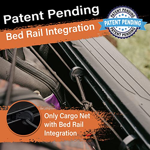 Taconets Toyota Tacoma Long Bed Cargo Net - Bungee Net Accessories For Pickup Trucks - Bed Rail Integration For 2005-2023 Tacomas: 3'X5' Stretch Cargo Net, 16 Rail Hooks, 4 Carabiners, Storage Bag #TOP1