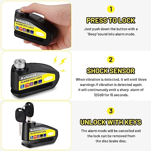 Motorcycle Lock Rechargeable, 120dB Alarm Disc Brake Locks Anti-Theft Security Wheel Disc Lock Waterproof with 5ft Reminder Cable and Carry Pouch for Motorbike Bike Scooter