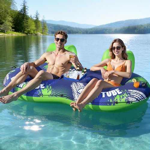 Image of JOSEN Inflatable River Tube Float - 2 Person Heavy Duty River Float, Pool Floats Adult, Lake River Floats Water Tubes for Floating with Removable Cooler & Cupholders for Summer Relaxation