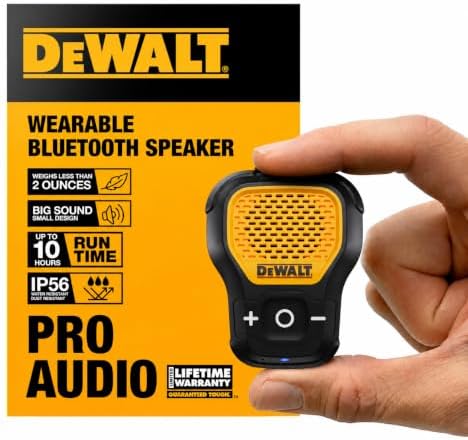 DEWALT Wearable Bluetooth Speaker, Clip-On Wireless Jobsite Pro W...