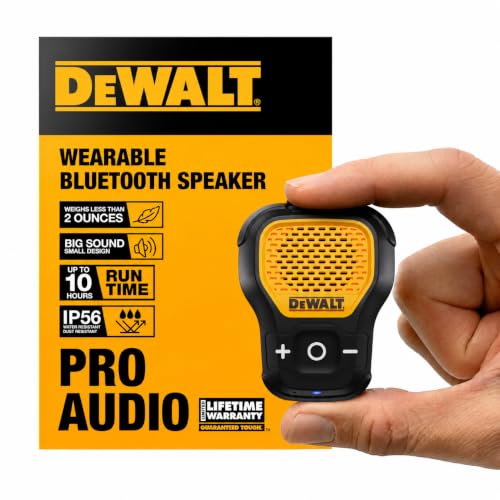 DEWALT Wearable Bluetooth Speaker, Clip-On Wireless Jobsite Pro Water-Resistant Portable Speaker (Non-Magnetic), Built-in Mic for Hands-Free Music/Calls, Bluetooth Speaker (Yellow)