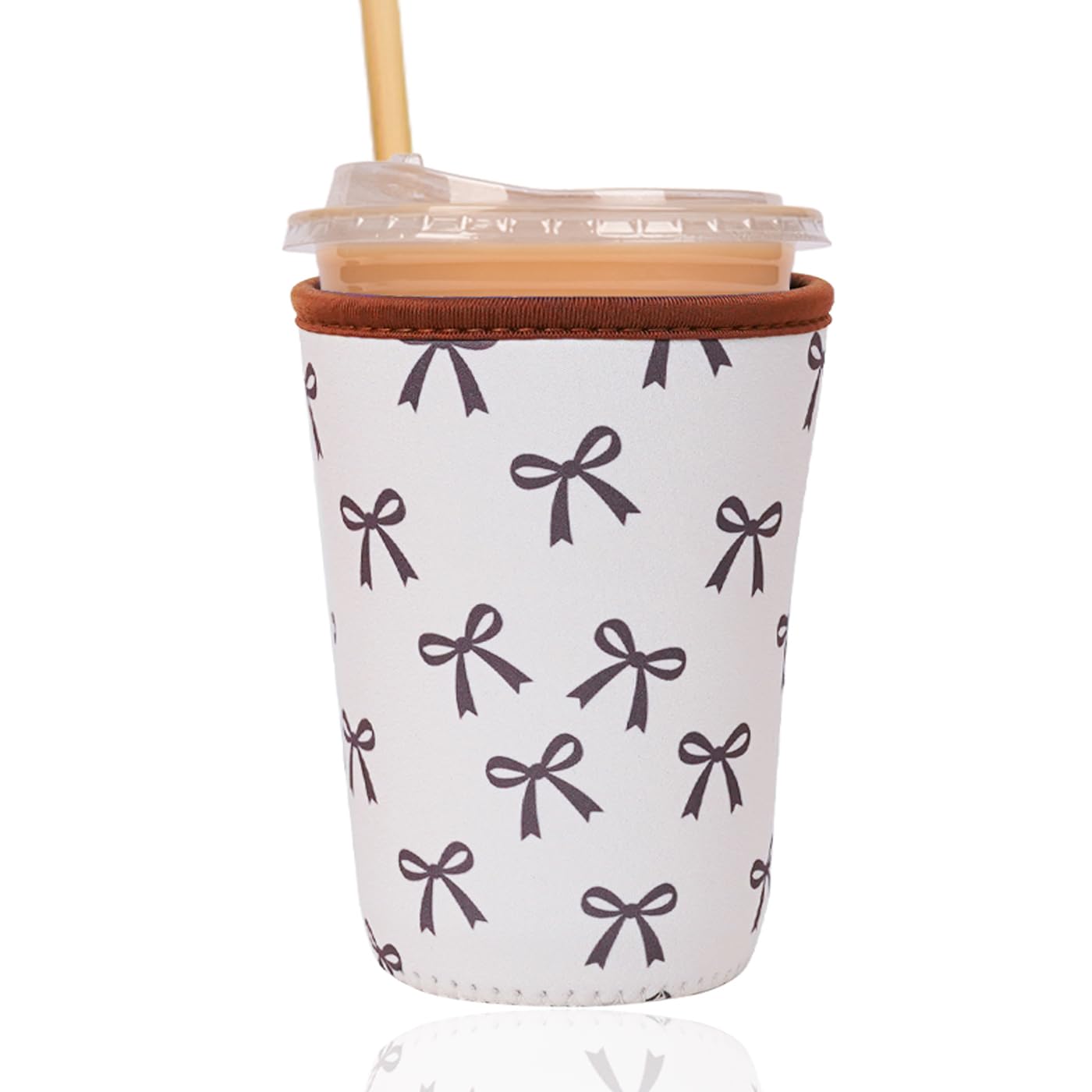 Reusable Insulated Sleeve for Iced Coffee Cup, Coffee Neoprene Sleeve for Cold &amp; Hot Drinks, Beverage Holder for Iced Coffee (Cream Bow, Medium: 22-24oz)