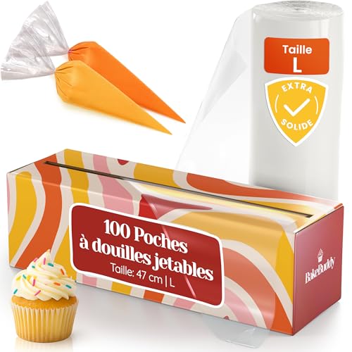 BakeBuddy Poches à Douilles Jetables Professionnelles (100 pièces, L/47 cm) Poches à pâtisserie jetables Extra Robustes en LDPE recyclé pour décorer Les gâteaux,...