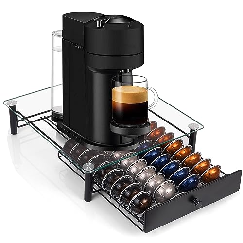 Eastsign Tempered Glass Coffee Pod Drawer, Nespresso Vertuo Capsule Holder Organizer for 40 Pods (1.35/2.7 oz), Under Coffee Maker Storage, Compatible with Vertuo Next/Plus, 14.76"x12.99"x3.5"