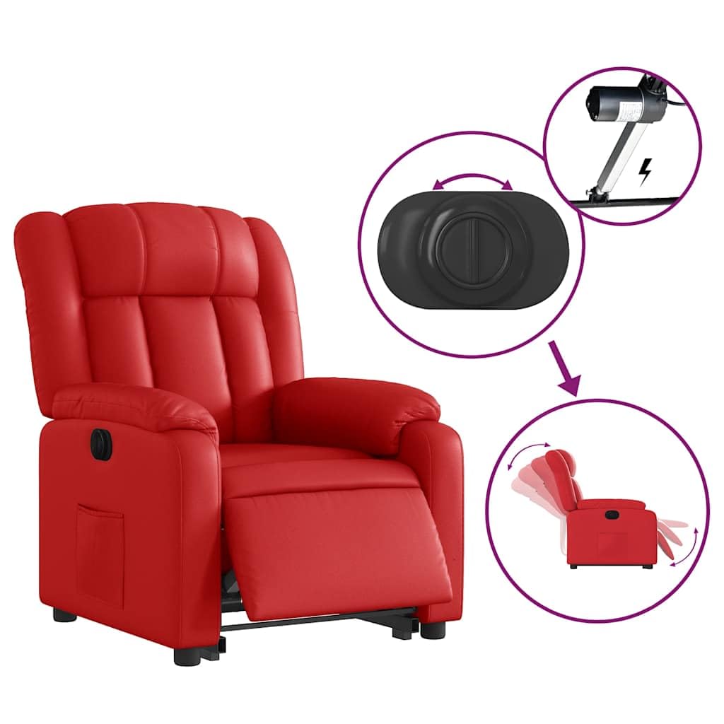 Sillón elevador reclinable eléctrico rojo de piel sintética con motor para elevación e inclinación hasta 135 grados, cómodo y estable, con estructura de madera y metal y bolsillo