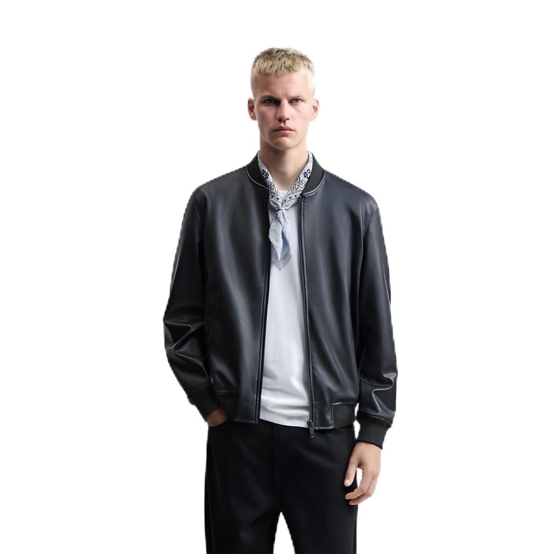 DEL JONNES® Men Faux Leather Solid Rib Collar Jacket