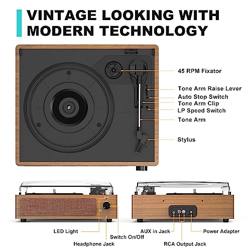 Image of Retro Record Player for Vinyl with Speakers Vintage Turntable Vinyls Records Belt-Driven Turntables 3-Speed 3 Size 33 1 /3 45 78 RPM Wireless Playback Headphone AUX RCA Line LP Vinyl Players Wood Grain