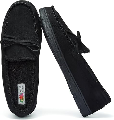 Image of Fruit of the Loom Men’s Moccasin Slippers – Memory Foam Indoor Outdoor House Shoes, Sherpa Lined, Non-Slip, Cozy Fuzzy Gifts for Men, Dad, Husband, Christmas, Black, X-Large