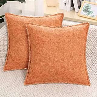 decorUhome Set of 2 Linen Cushion Covers 45X45cm,Decorative Outdoor Plain Vintage Cushion Covers with Stitched Edges, Square Farmhouse Neutral Pillow case 18x18 Inch for Sofa, Orange