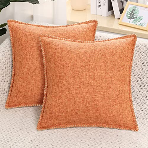decorUhome Set of 2 Linen Cushion Covers 45X45cm,Decorative Outdoor Plain Vintage Cushion Covers with Stitched Edges, Square Farmhouse Neutral Pillow case 18x18 Inch for Sofa, Orange