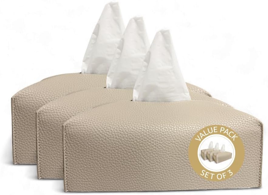 Leather Tissue Box Cover PACK OF 3 – Elegant Tissue Box Holder for Home Office Car Hotel Decor | Living Room Bedroom Bathroom | Facial Tissue Holder, Car Tissue Box Holder (Camel - Pack of 3)