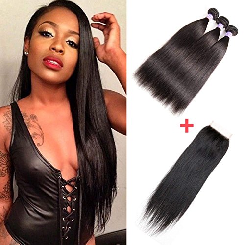 AMZTMY Brazilian Straight Virgin Hair 3 Bundles With Free Part Closure 100% Unprocessed Hair Extensions Remy Human Hair Weft Weave With 4×4 Lace Closure Natural Color (22 24 26+20 inch)