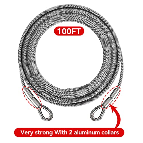 Winch Cable,Towing Cable Heavy Duty,With 2 Pick 3/8" U-Clamp Slide Hooks,3/8 Inch 7X19 Stranded Construction,13980 Lbs Breaking Strength 100 Feet #TOP4