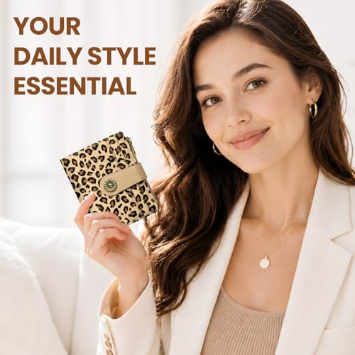 Image of Small Wallet for Women, RFID Blocking Bifold Card Holder Wallet with 10 Card Slots, Cash Compartment, Zipper Coin Pocket & ID Window, Cute Soft Vegan Leather Compact Wallet, Leopard