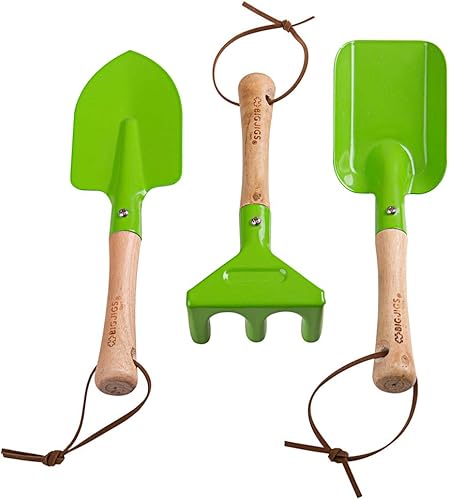 Bigjigs Toys Juego de herramientas de jardinería para niños, juego de herramientas de jardín de metal de 3 piezas con tenedor de mano, paleta y
