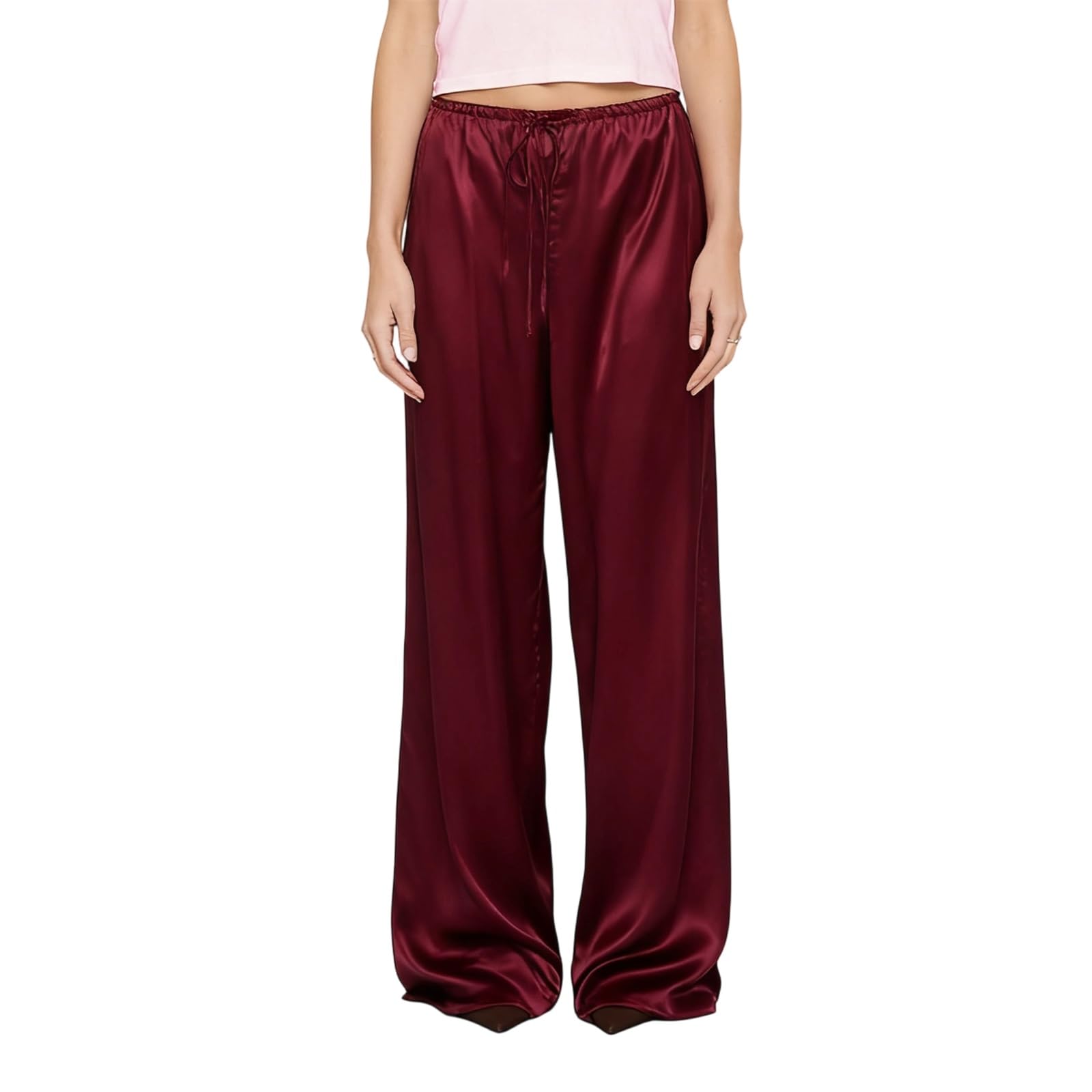 Womens Satin Wide Leg Pants Elastic Drawstring Waist Loose Trousers for Party Dress Casual Pant with Pockets