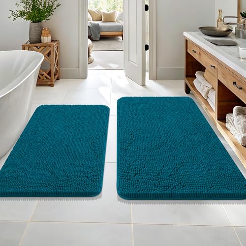 Image of OLANLY Bathroom Rugs Sets 2 Piece, Soft Absorbent Chenille Bath Mats Area Rug Set, Non-Slip, Quick Dry, Machine Washable Bath Mats for Bathroom, Home Decor Accessories (36 inchx24 inch+30 inchx20 inch, Peacock Blue)