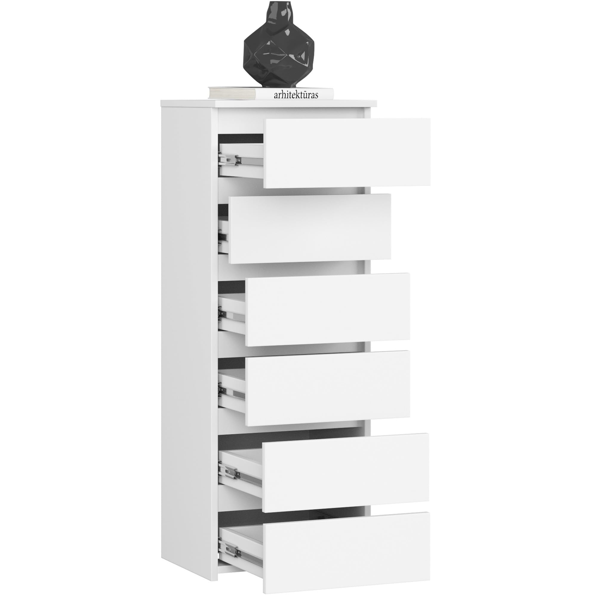 AKORD | Cassettiera a 6 Cassetti | Credenza Alta | Moderna Mobiletto per Soggiorno Sala da Pranzo Camera da Letto Corridoio Bagno | Armadio Cameretta | 35x40x109 cm | Bianco
