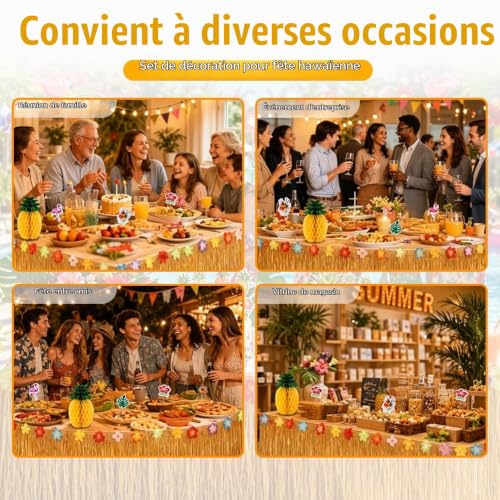 NKFBEV 112 Pièces Hawaïenne Luau Table Jupe Set, Décorations de Fête Hawaïenne, Décorations de Fête Hawaïenne, Bannière,Fleurs,Feuilles de Palmier,Parapluies Multicolores Ananas, Pour Plage, Tropicale – vue 7