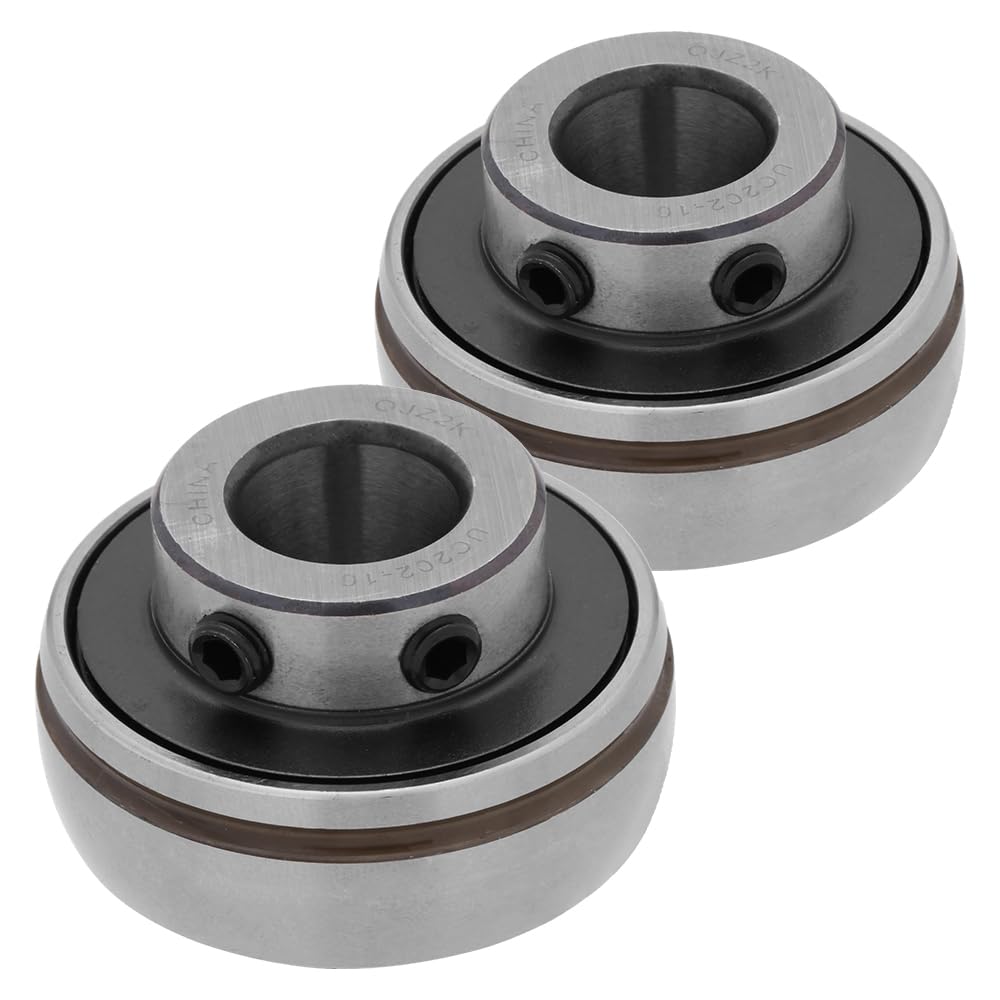 [2-Pack] UC202-10 - Insert Bearing - 5/8 in Bore - 1.85 in Outer Diameter - 1.22 in Width - Set Screw Locking, Contact Seals, Relubricable