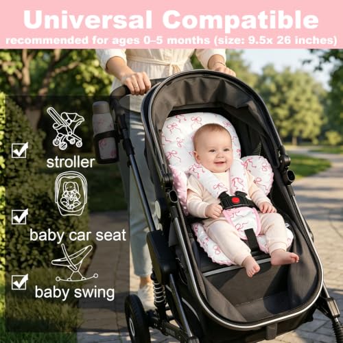 Image of Infant Car Seat Insert for Newborn Girls, Extra Thick & Soft Minky Preemie Car Seat Head Body Support Cushion with Strap Pads, Perfect for Stroller, Baby Swing, Bouncer, 2-in-1 Reversible, Pink Bow