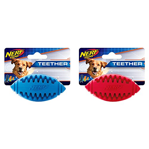 Nerf Dog Teether Football Dog Toy, Lightweight, Durable and Water Resistant, 3.25 Inches for Small/Medium/Large Breeds, Two Pack, Blue and Red (8867)