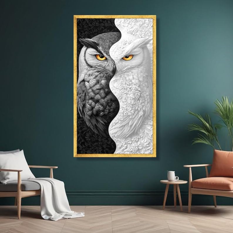 Tableau Yin Yang Hibou LMYCHENG toile noir et blanc cadre intérieur 30x50 cm