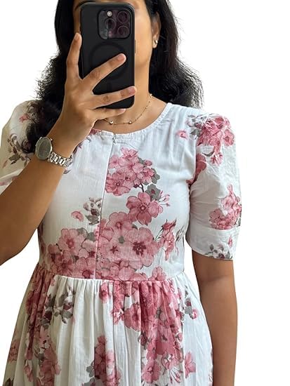 Image of Women's Floral Printed Tiered Midi Dress, Puff Sleeves, Square Neck, Button-Front
