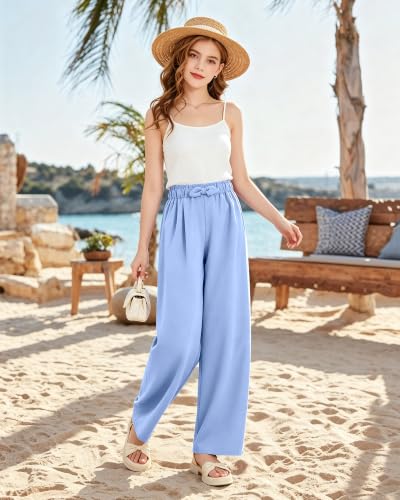 Image of Girls Wide Leg Palazzo Pant Loose Straight Cute Bow Waist Spring Summer Lightweight Dress Pant for Kids 5-14Y