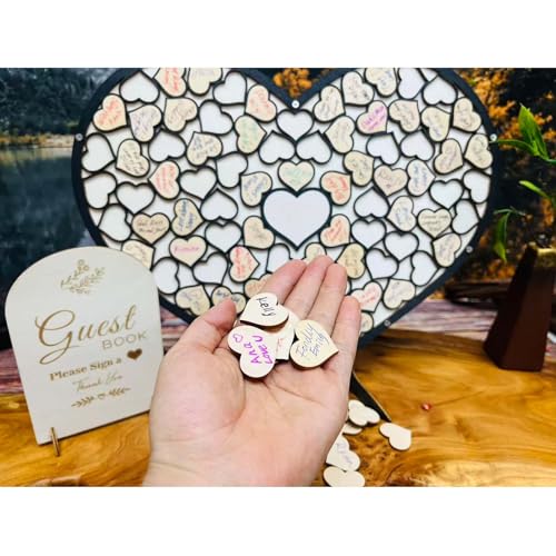 Image of Wedding Guest Book Unique Wooden Heart Alternative GuestBook Bridal Shower Wedding Decoration with 83 Wooden Hearts 1 Sign Pen Set (Black)