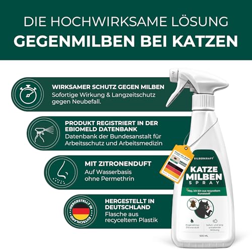Silberkraft Milbenspray Katzen 500ml - Effektives Anti Milben Spray für Katzen - Milbenbefall behandeln Ohrmilben Räudemilben Katzenmilben
