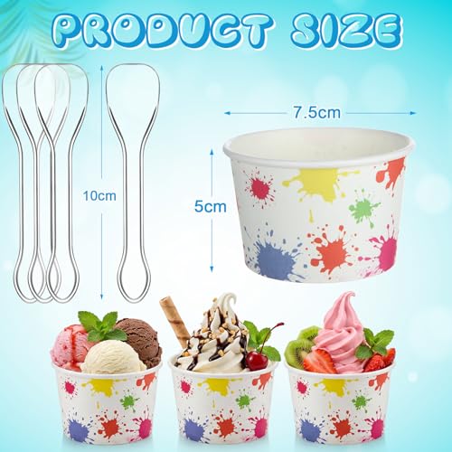 Image of Boao 100 Set 5 oz Ice Cream Cups with Spoons Disposable Paper Sundae Dessert Bowls Summer Party Supplies (Splatter)