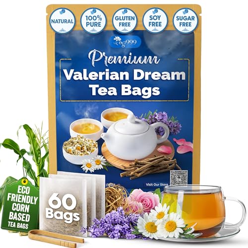 Image of TOG999, Premium Valerian Dream Tea Bags | 60 Count | Herbal Blend with Valerian Root, Chamomile, Lavender, Rose Petal & Spearmint | Naturally Caffeine-Free, Relaxing Evening Tea. Vegan.