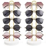 Mkono Sunglasses Organizer Glasses Holder Stand Sunglass Storage Eyeglasses Rack Metal Frame with Wood Base for 5 Pairs of Eyewear Display for Table Desk Countertop Dresser Bedroom, Set of 2, Gold