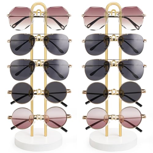 Mkono Sunglasses Organizer Glasses Holder Stand Sunglass Storage Eyeglasses Rack Metal Frame with Wood Base for 5 Pairs of Eyewear Display for Table Desk Countertop Dresser Bedroom, Set of 2, Gold