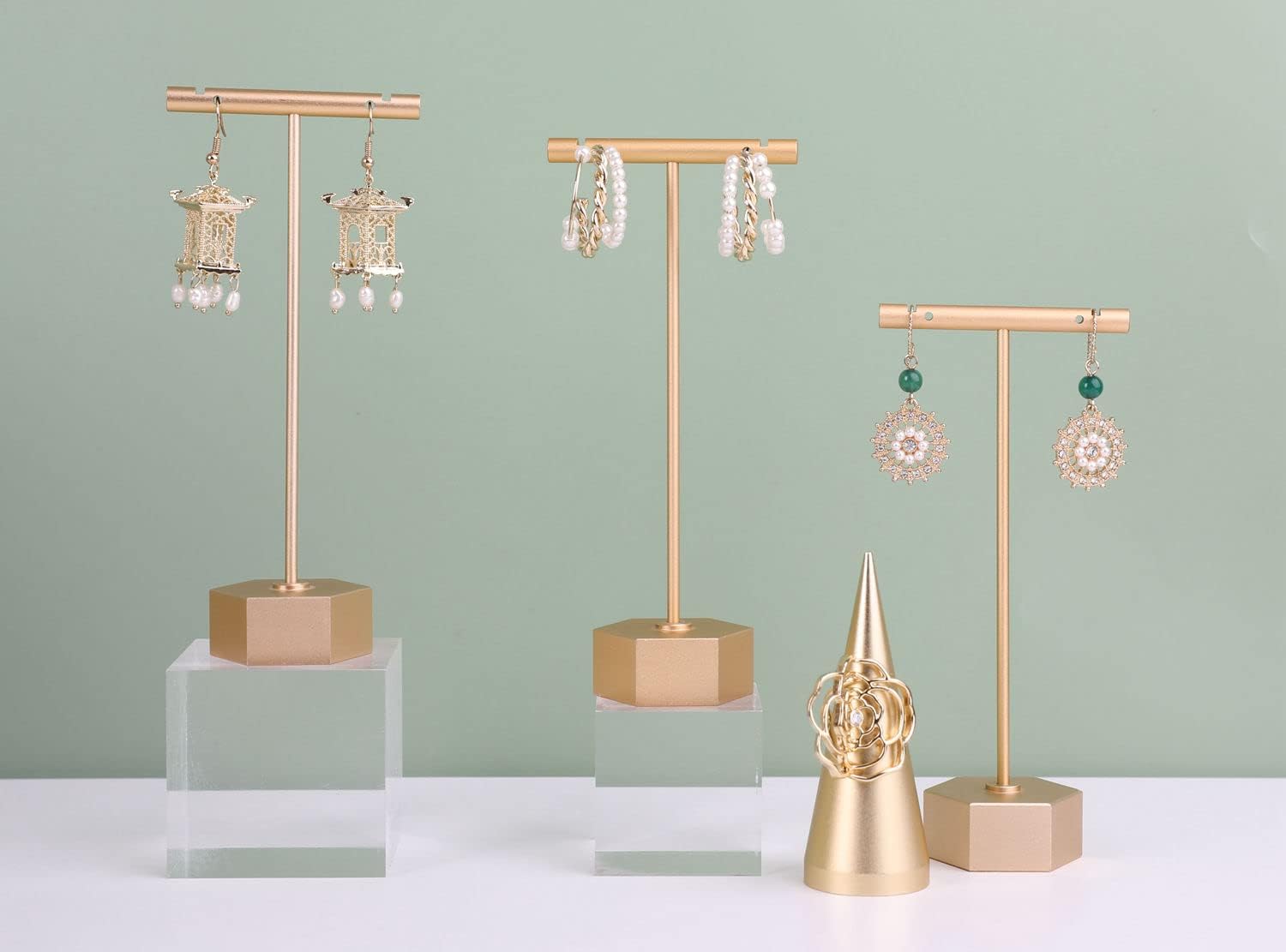 GemeShou Gold Metal 3pcs Earring T Stand Jewelry Display for Show, Retail T Bar Earring Stand Organizer, Jewelry Photography display for show【Gold-Hexagon Base 3pcs Same Height 5.3"】