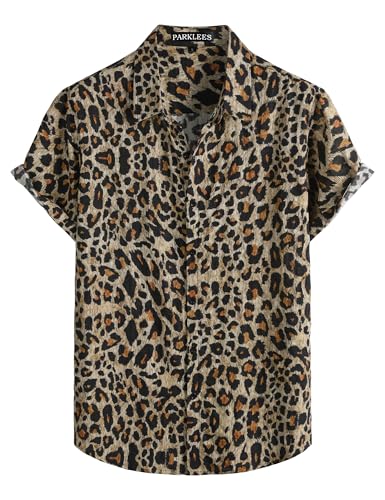 Image of PARKLEES Men's Leopard Print Hawaiian Short Sleeve Button Down Shirts Summer Casual Vintage Lightweight Shirt Caramel Leopard Print Large