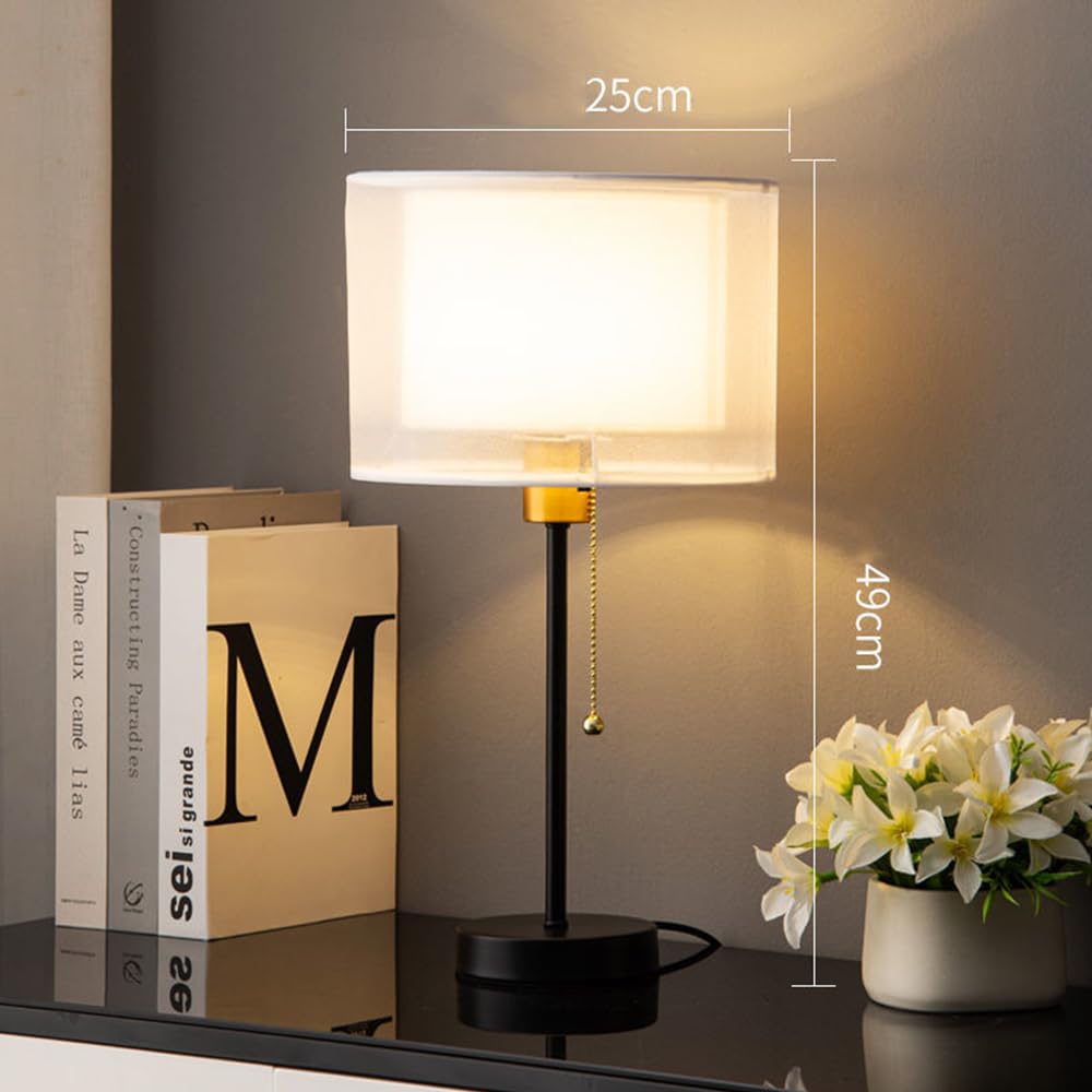 Moderno Lampada da Tavolo in Metallo E27, Paralume Doppio in Tessuto e PVC, 25x49 cm, per Comodino Camera da Letto,Soggiorno/studio,Lampadina LED non inclusa (B)