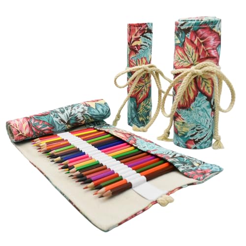 Image of Maple Leaf Colored Canvas Pencil Case Roll Wrap Roll Up Holders Pencil Organizers for Artist Adult Coloring Travel Storage With 24 Slots(Tree Leaves)