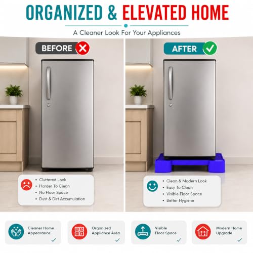 Image of BRAND VILLA Heavy Duty Washing Machine Stand for Top Load Washer & Single Door Refrigerator | Anti-Skid Plastic Base Stand | Easy to Assemble Durable Universal Appliance Stand (Blue)