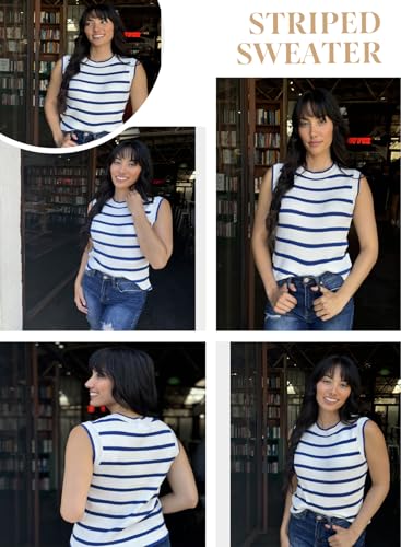 Image of Dokotoo Tank Top for Women 2026 Striped Casual Crewneck Sleeveless Lightweight Sweater Vest Knit Summer Clothes