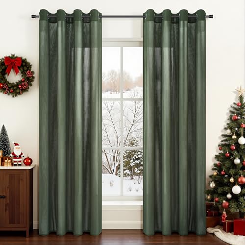 Topfinel Voile Gardinen Kurz Fenster 2er Set 140x145cm Sheer Curtain mit Ösen Vorhang Wohnzimmer Modern Transparent Schlafzimmer Wohnzimmer Vorhänge Durchsichtig Küche Gardine Grün