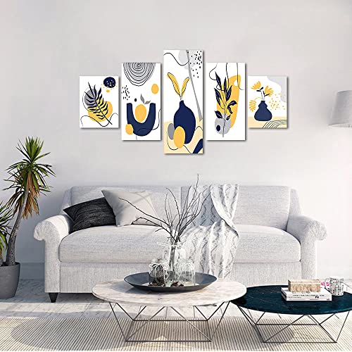 5 Pieces Boho Wall Art Decor - Minimalist Floral Canvas Print Mustard Yellow, Navy Blue & Grey Flower Plant Abstract Shapes Illustrations Painting Modern Boho Pictures Artwork For Home Framed (60"Wx32"H) #TOP2
