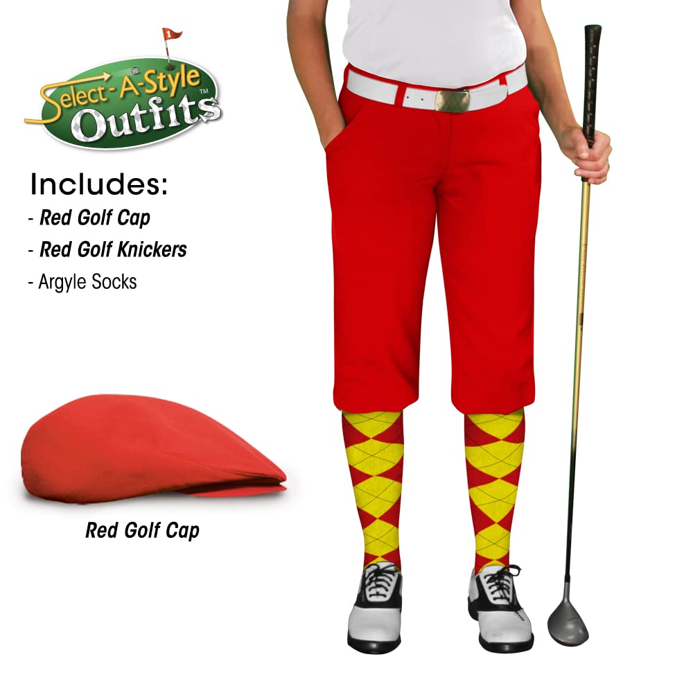 Golf Knickers Ladies Select A Style Outfit - Matching Golf Cap - Red - Waist 18 - Sock - Red/Yellow